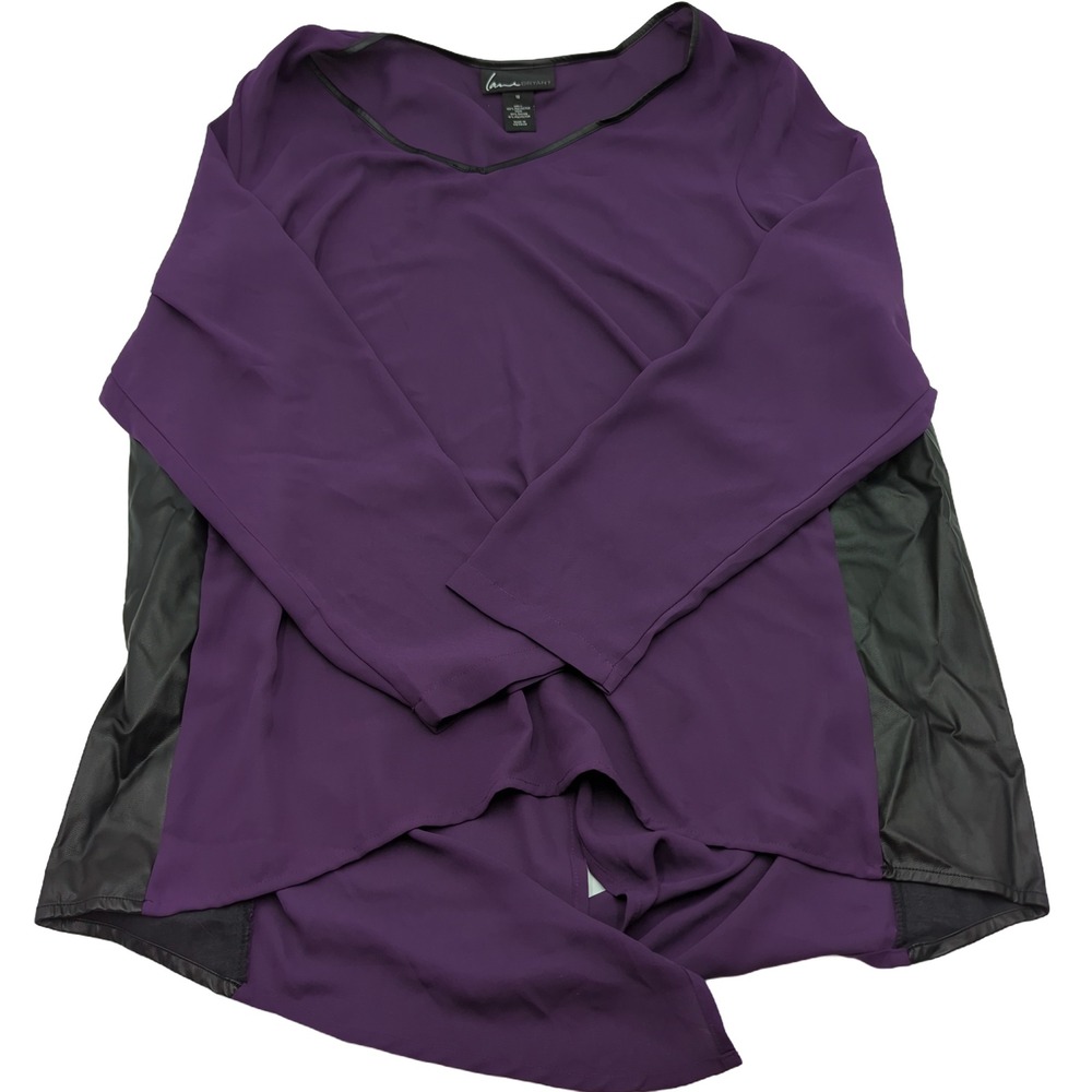 Lane Bryant Purple Faux Leather Trim Mixed Media V-Neck Blouse Size 16 Plum Top